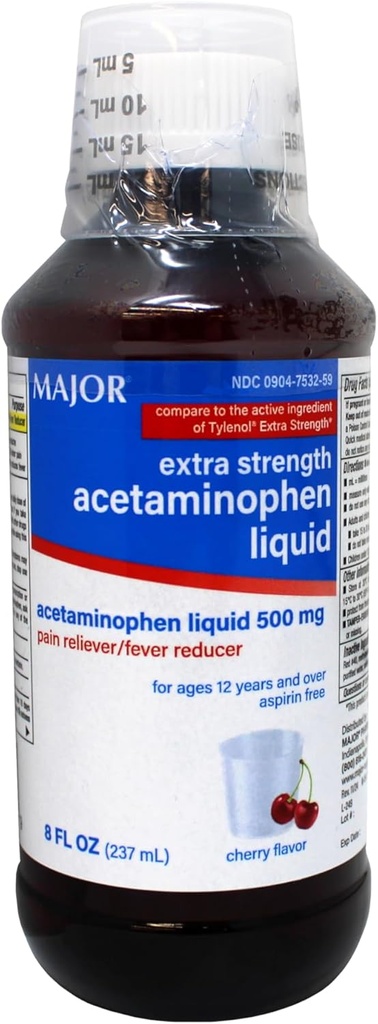 MAJOR Yetişkin Ekstra Kuvvetli Sıvı Acetaminophen - 500 mg Acetaminophen/15 mL Dose - Ağrı Reliever ve Ateşi - Cherry Flavor - 8 Fl Oz (Pazarlama Mayıs Vary)