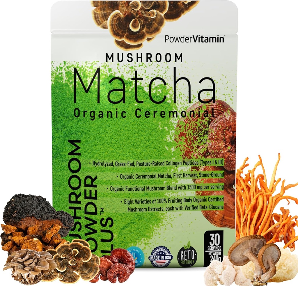 TozVitamin Organik Ceremonial Mushroom Matcha sertifikalı Pesticide-Free Grass-Fed Collagen Tipleri I & III 8 Meyveli Vücut Mushrooms Beta-Glucans Focus Digestion & Immunity 30 Hizmetler