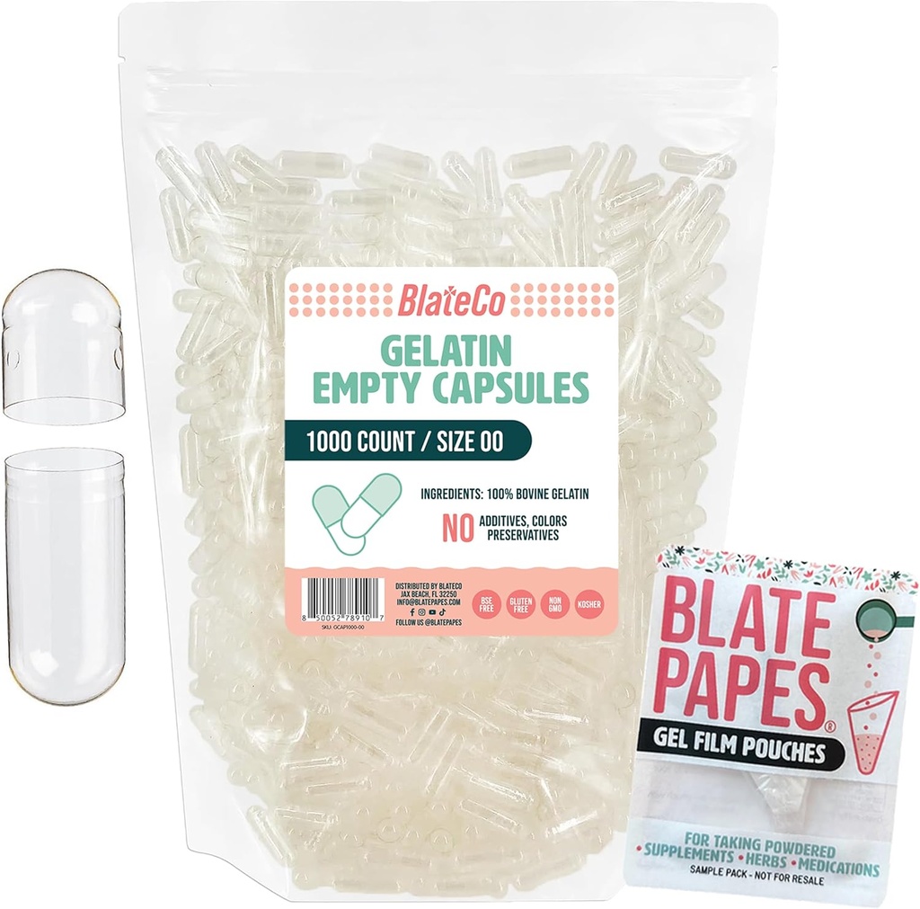 BlateCo Premium Size 00 Empty Gelatin Capses,1000 Count (Clear) with Blate Papes® Gel Film Pouches - Νέα, μη ΓΤΟ πληρώσιμα χάπια σε μια επαναχρησιμοποιήσιμη τσάντα - Τίποτα τεχνητό, ποτέ.