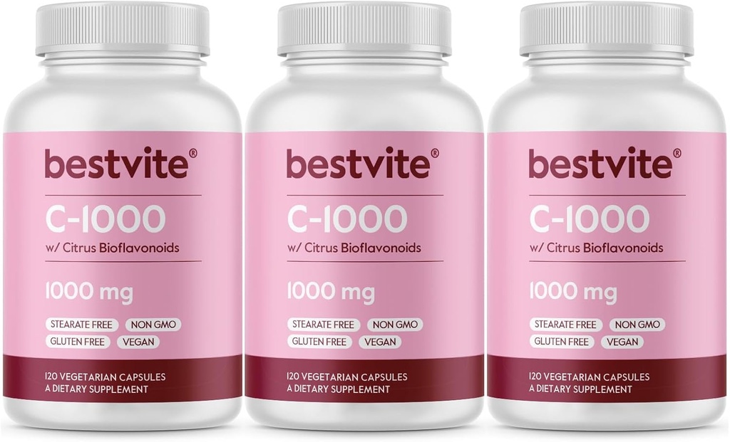 BESTVITE Βιταμίνη C 1000mg (360 κάψουλες χορτοφάγων) (120 x 3) με εσπεριδοειδή Bioflavinoids - Όχι Stearates - Vegan - Non GMO - Χωρίς γλουτένη