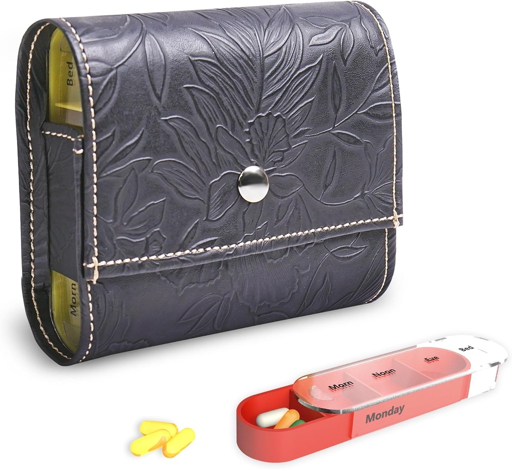Pill Organizer,LIZIMANDU Haftalık Seyahat Pill Case Box Drug Remember Daily AM PM, Day Night 7 Karşılaştırmalar, 4 Times A Day, 7 Days a Week-Includes Deri PUing Case (1-Carved Black)