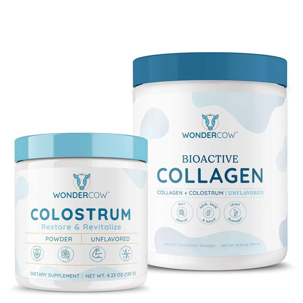 WONDERCOW Whole Colostrum Toz + Hyrdolyzed Collagen Gu for Gut Health, Immune Support & Hair Skin & Nails Support