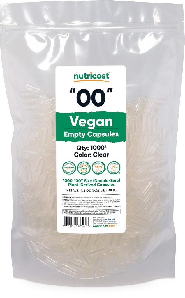 Nutricost Boş Capsules Boyutu 00 Vegan - 1.000 Clear Boş Plant-Based Capsules - Kosher sertifikalı, Hell sertifikalı, Non-GMO, Soy Free, Gluten Free, Vegetarian Capsules