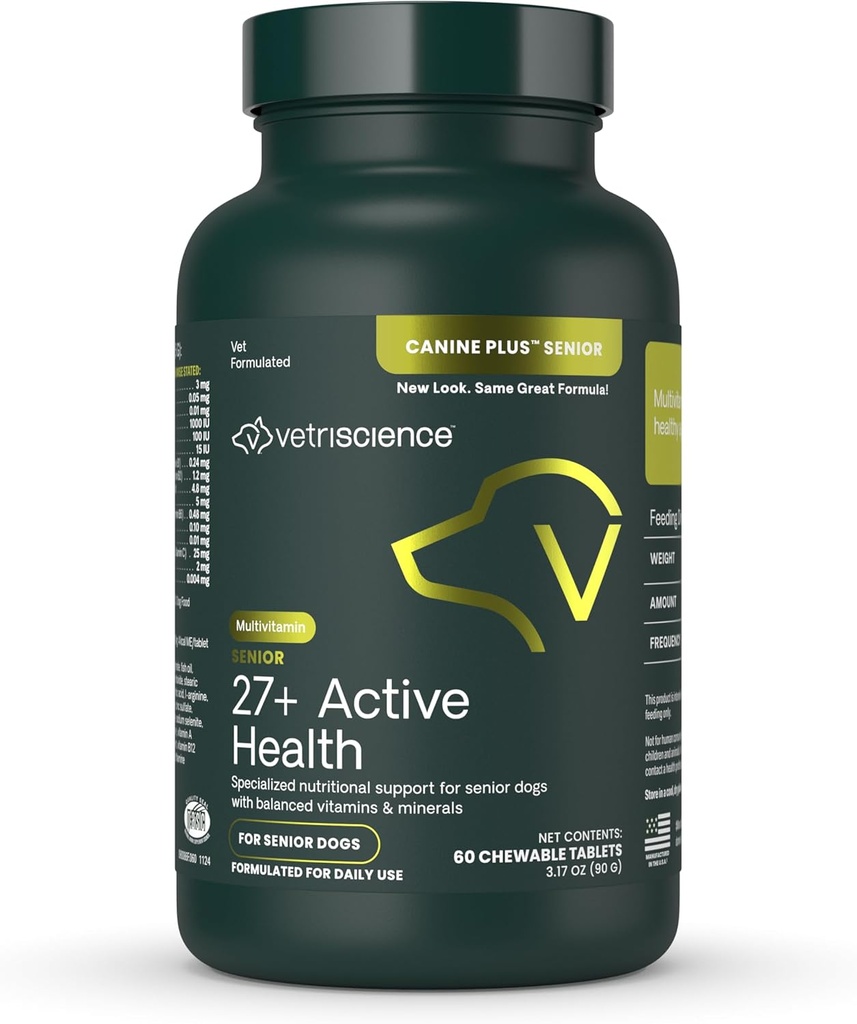 VetriScience Senior 27+ Active Health Chewable Tablets, Canine Plus Daily Multivitamin for Senior Dogs, Balanced Vitamins, Minerals and Antioxidants, Aging and Wellness Support, Veggie, 60 Count
