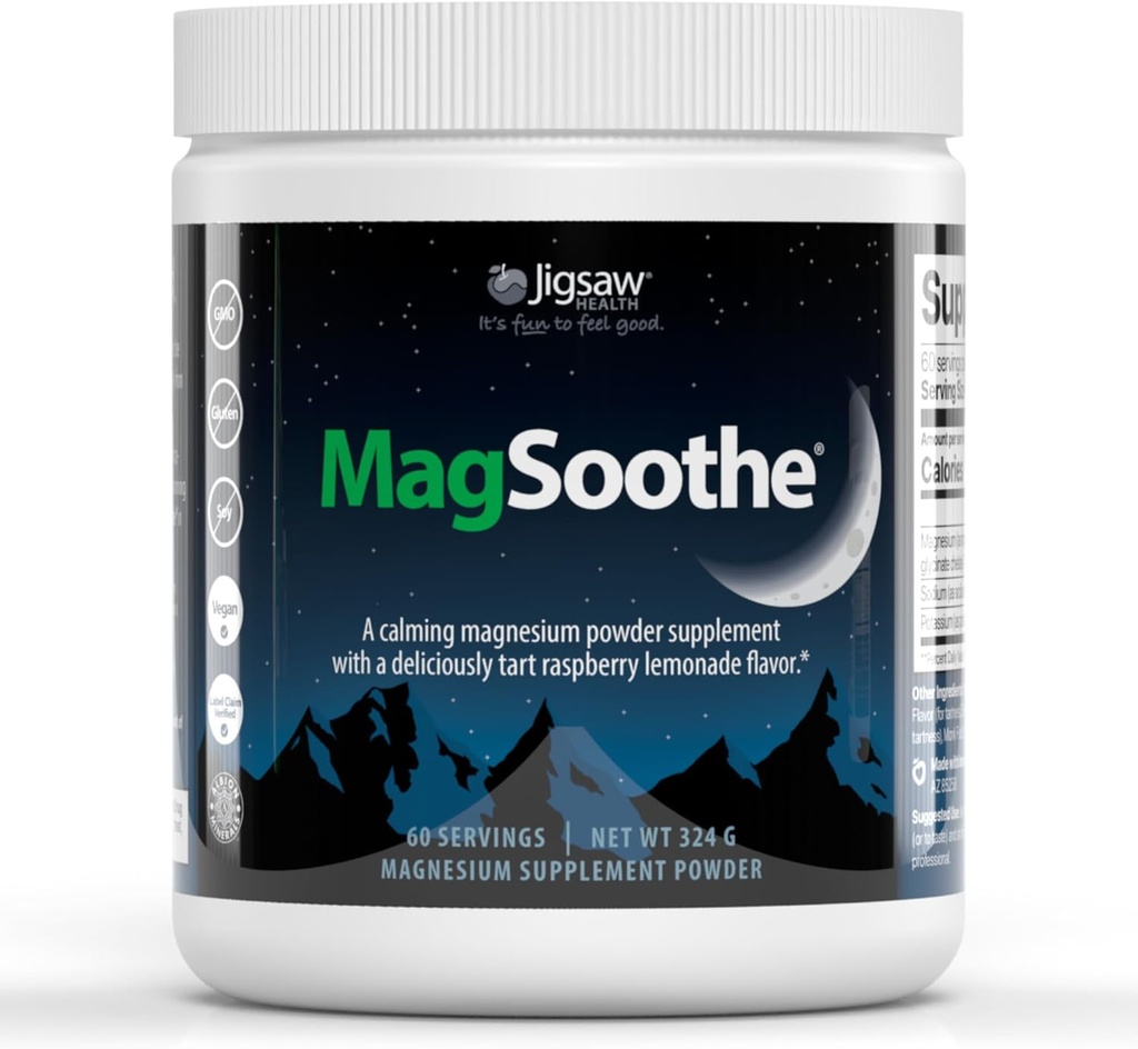 Jigsaw Health MagSoothe | Fast-Acting, Calming Glycinate Toz Supplement | Raspberry Lemonade Flavor | 60 Hizmet (Jar)