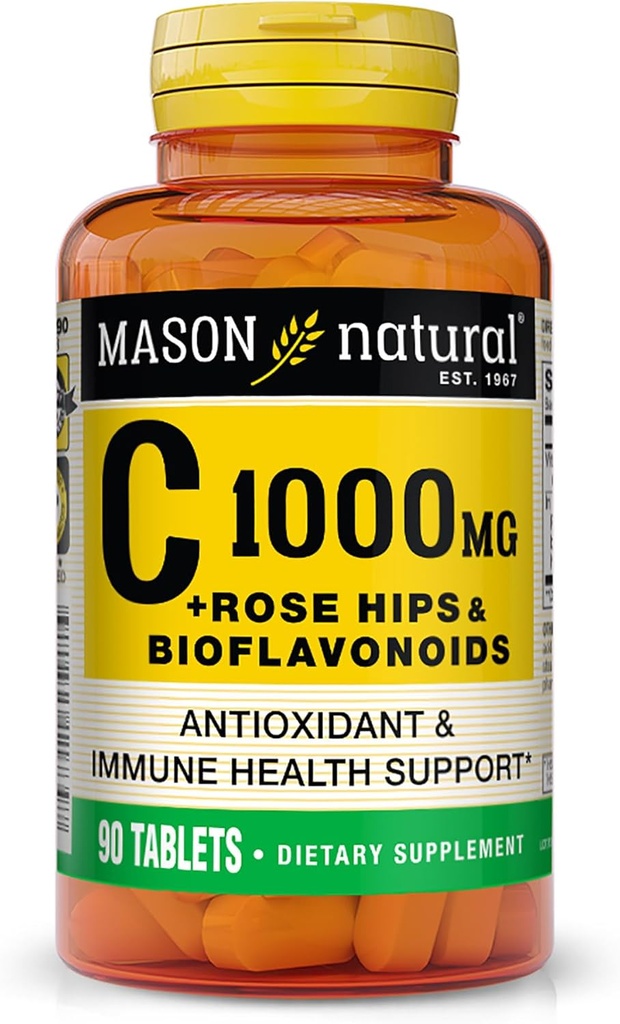 MASON NATURAL Vitamin C 1, 000 mg Plus Rose HIPS και Bioflavonoids Complex - Υποστηρίζει ένα υγιές ανοσοποιητικό σύστημα, αντιοξειδωτικό και ουσιαστικό θρεπτικό συστατικό, 90 δισκία