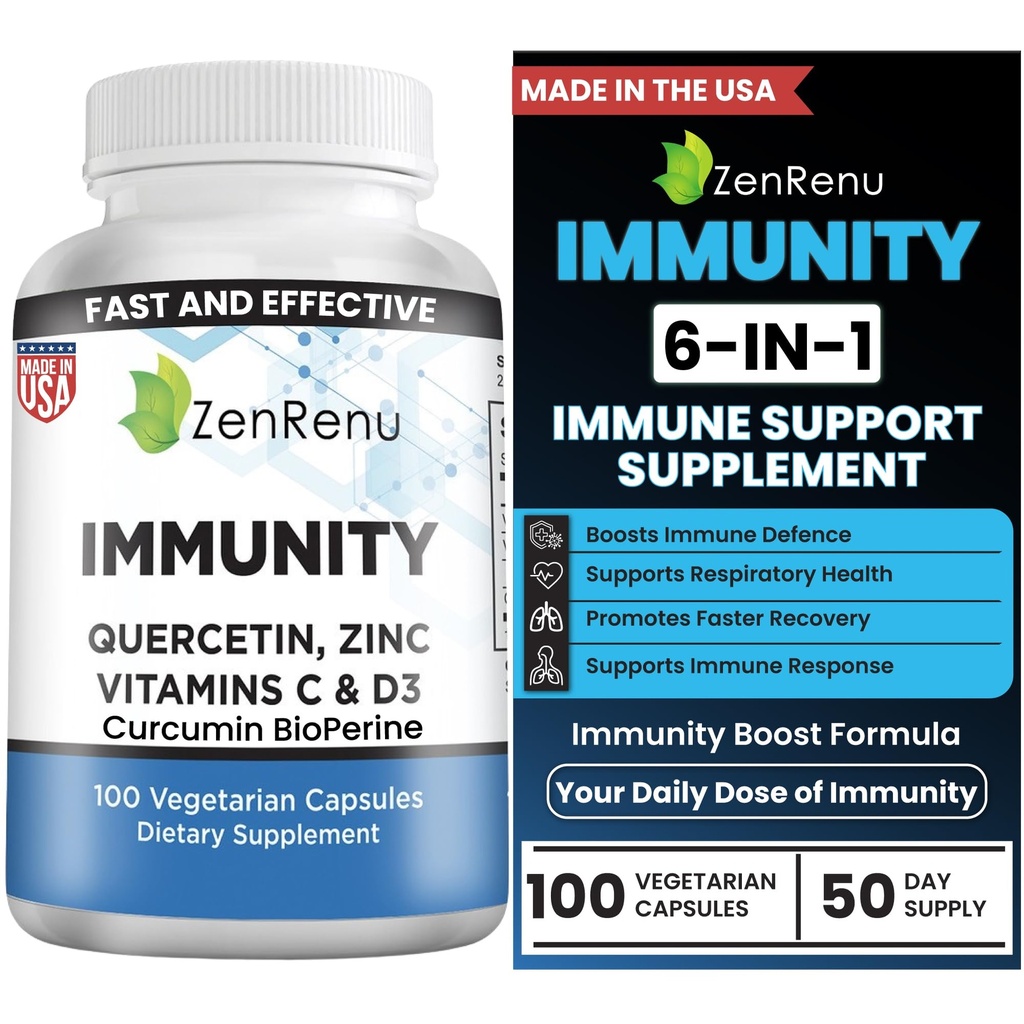 Zenrenu Ανοσία Quercetin 700 mg Zinc Vitamin C Vitamin D Ανοσοποιητική υποστήριξη συμπλήρωμα με κουρκουμίνη - Easy to Absorb συμπλήρωμα ανοσίας, 100 χορτοφαγικές κάψουλες 50 Ημέρα προσφοράς