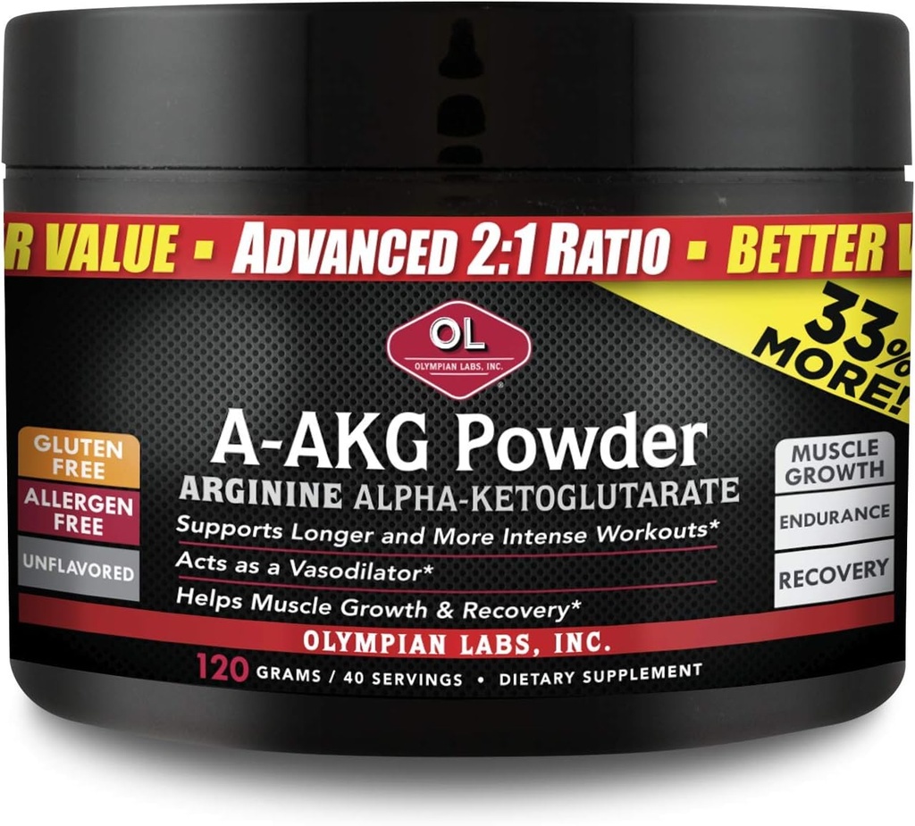 Olympian Labs PSN A-AKG Powder for Men's Health, Energy & Sports Nutrition Performance, 40-3g Servings, 120 Gram Jar