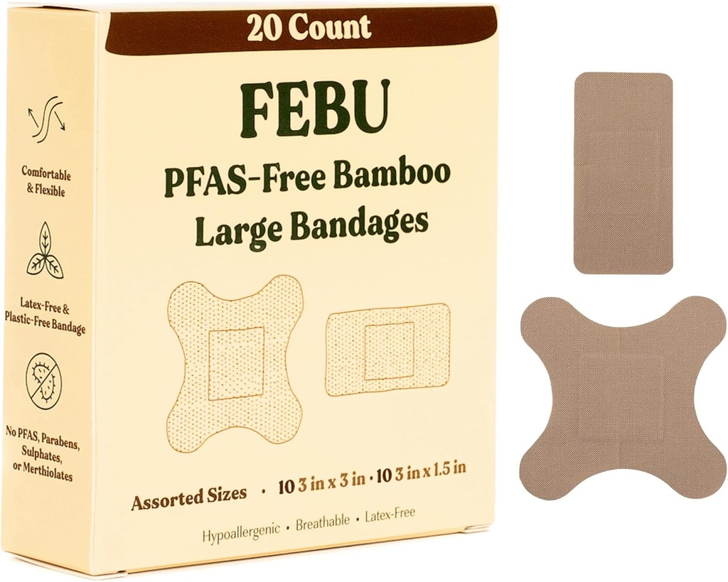 FEBU Eco-Friendly Large Bamboo Bandages | PFAS Free Bandages for Boates & Cuts | Flex Fabric Bandage | Tam Boşluk, Latex Free Bandage | 20 Büyük Kont