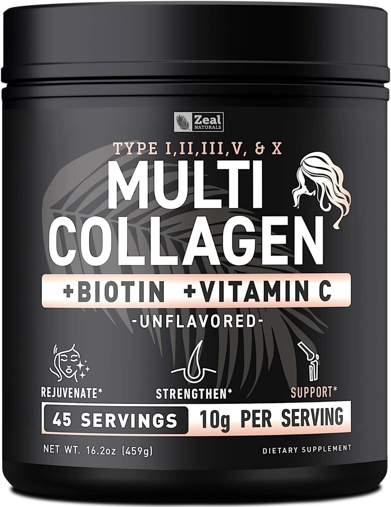 Premium Multi Collagen Peptides Protein Powder (1, 2, 3, 5 & 10) με Βιταμίνη C, Βιοτίνη, Υαλουρονικό Οξύ, για δέρμα μαλλιών και νύχια - Marine, Βοοειδή, Κοτόπουλο & Κοτόπουλο Κοτόπουλο (Unfraved, 45 Servings)
