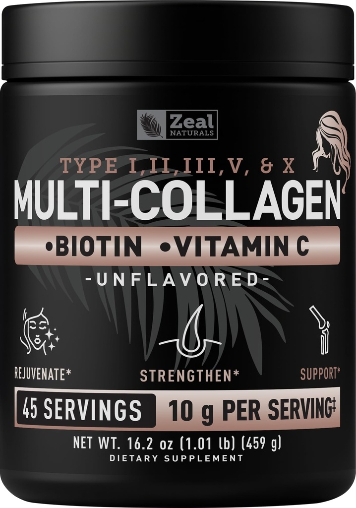 Premium Multi Collagen, Protein Toz (1, 2, 3, 5 & 10) C vitamini, Biotin, Hyaluronic Asit, Saç Cilt ve Çiçeği - Deniz, Bovine, Chicken & Eggshell (Unflavored, 45 Hizmet)
