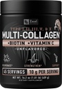 Premium Multi Collagen, Protein Toz (1, 2, 3, 5 & 10) C vitamini, Biotin, Hyaluronic Asit, Saç Cilt ve Çiçeği - Deniz, Bovine, Chicken & Eggshell (Unflavored, 45 Hizmet)