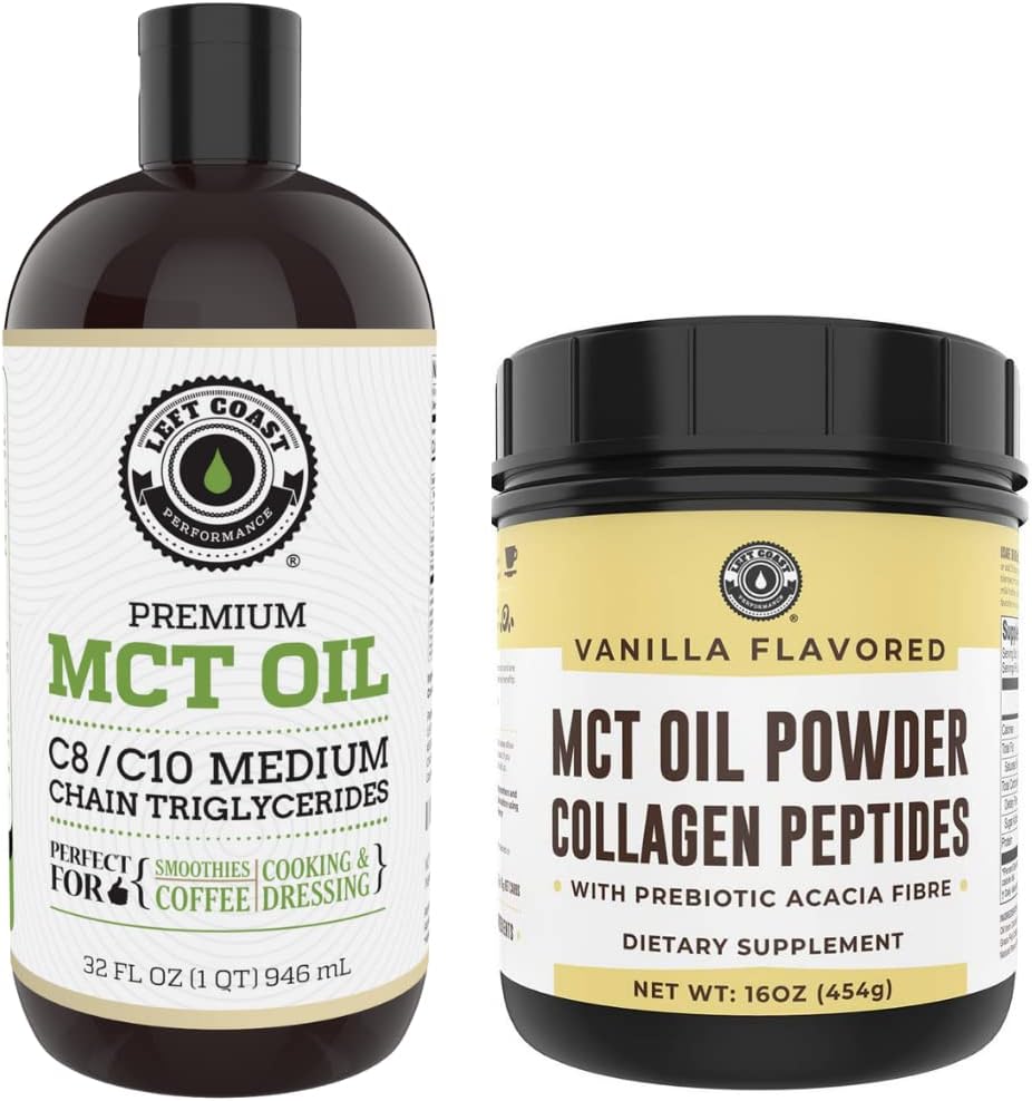 Left Coast Performance 32oz Premium MCT Oil ve 16oz Vanilla MCT + Collagen Toz