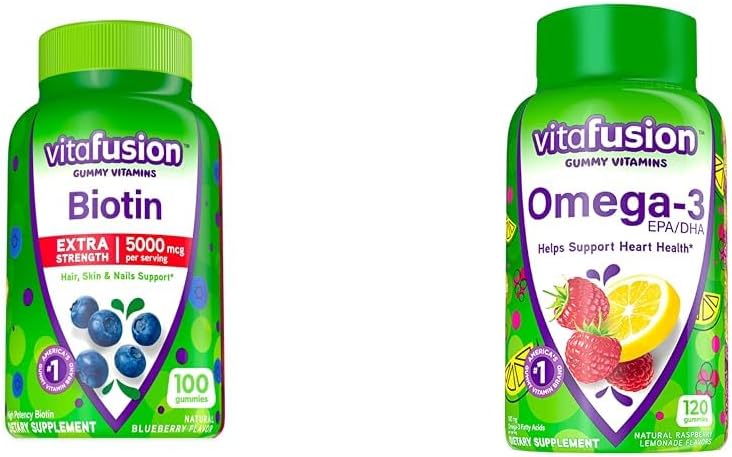Vitafusion Extra Strength Biotin Gummy Vitamins, Berry Flavored, 5,000 mcg Βιοτίνη Βιταμίνες, Αμερική’ & Omega-3 Gummy Βιταμίνες, Berry Lemonade Γεύση, Υγεία της καρδιάς Βιταμίνες(1)