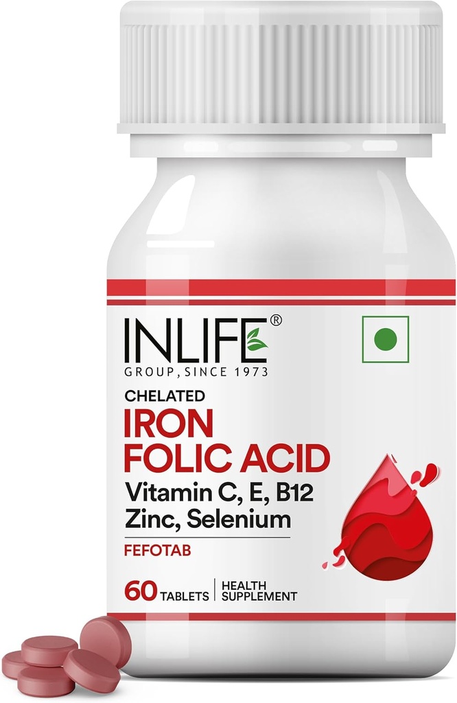 INLIFE Chelated Iron Folic Acid Supplement with Vitamin C, E, B12, Zinc & Selenium for Men Women - 60 Tablets