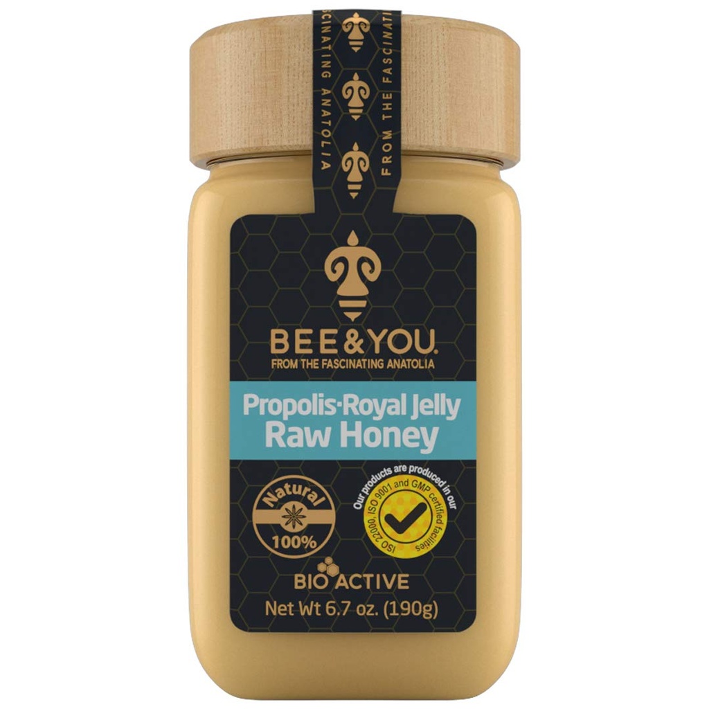 Bee and you Royal Jelly Raw Honey, Propolis Extract, 100% Φυσικό Superfood, Ultra Pure, συμπλήρωμα υποστήριξης του ανοσοποιητικού, Αντιοξειδωτικά, Κέτο, Παλαιό, Χωρίς γλουτένη, 6,7 oz