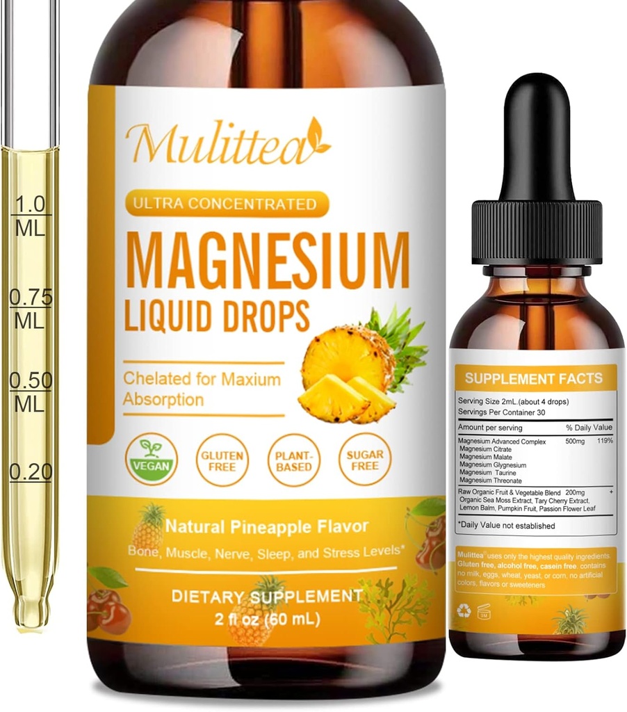 Magnezyum 500 mg Liquid Drops - Yüksek Abxia 5in-1 Magnezyum Kompleksi Glycinate, Malate, Citrate, Taurate - Bone, Muscles, Nerves & Energy - Vegan Formula, Sugar Free, 2 Floz.