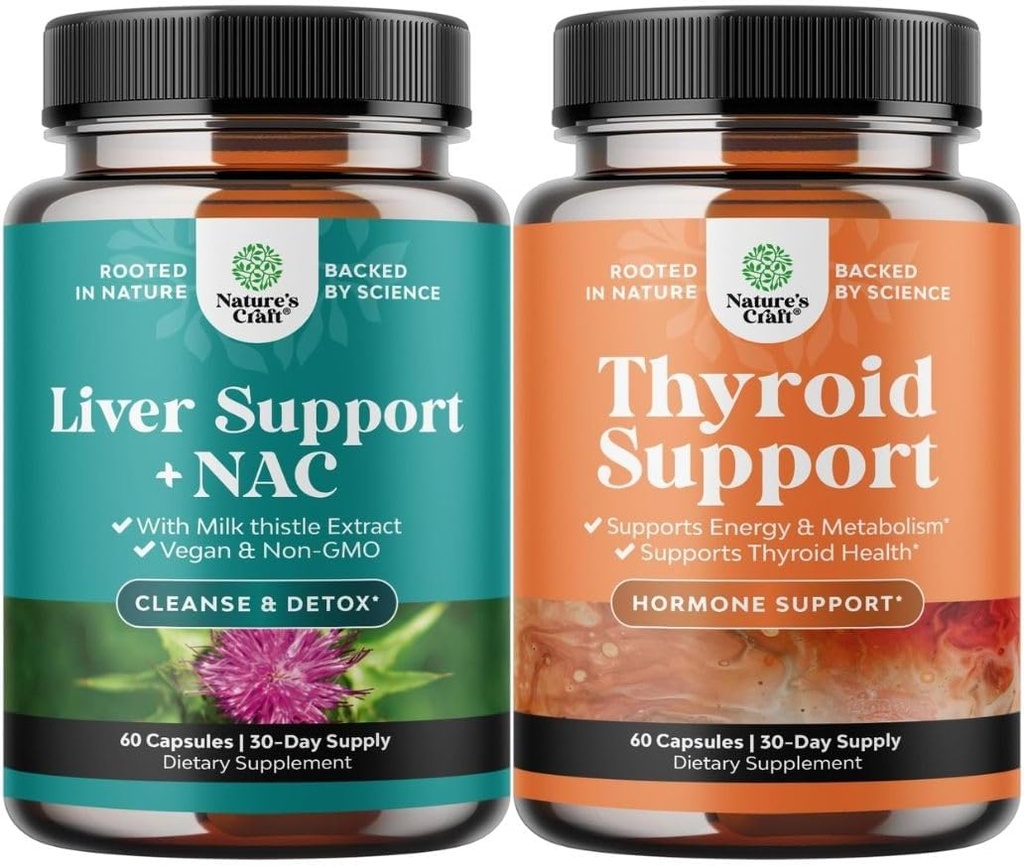 Bundle of Liver Support NAC Supplement with Milk Thittle Extract, N Acetyl Cysteine and Artichoke, and Herbal Thyroid Support Complex - Pont Kelp Iodine for Hormone Balance - Mood & Energy
