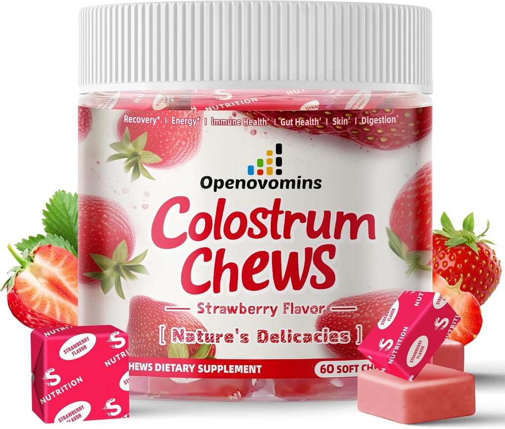 Bovine Colostrum Soft Chews Supplement, Gut Health, Bloating, Immune Support, Skin, Saç Büyüme ve Güzellik - Strawberry Flavor (60 Hizmet)