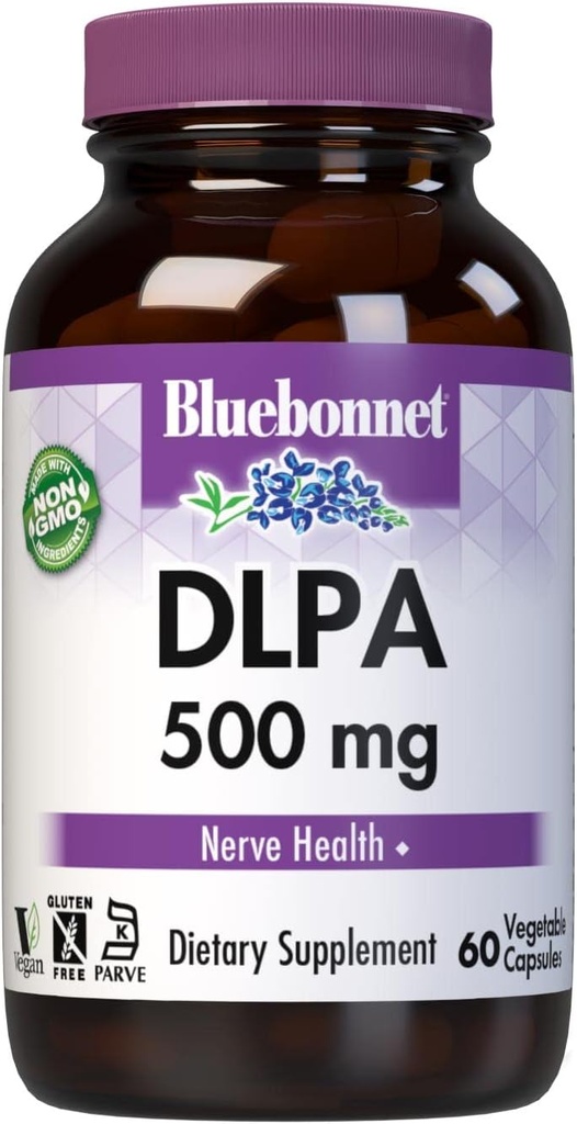 Bluebonnet Beslenme DLPA (DL-Phenylalanine) 500 mg, Free-Form Amino Asit, Nervous System Support, Soy-Free, Gluten-Free, Non-GMO, Kosher, Vegan, 60 Sebze Capsules