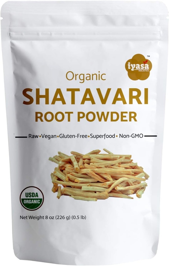 Iyasa Holistics Organic Shatavari Root Toz Değer Paketi 8 oz/227 Gm, Asparagus yarışmosus, USDA Organik Ayurveda herb, Kadın Sağlığı Tonic, General Rejuvenating Tonic Resealable Pouch