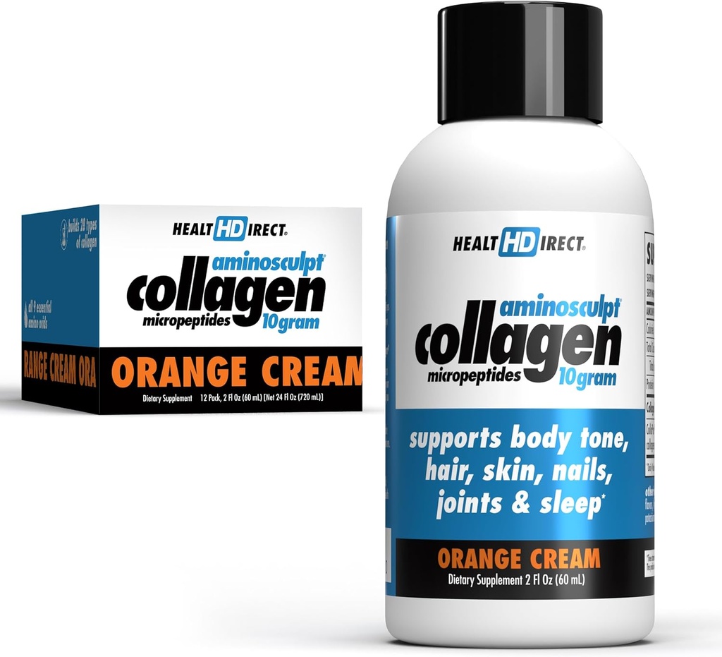 ΥΓΕΙΑ DIRECT – Medical-Grade Liquid Collagen Shots – AminoSculpt Sugar-Free – Πορτοκαλί Κρέμα – 12 Σερβιέτες, (12pk, 2oz Shots) – Καλό για αρθρώσεις, οστά, & ύπνο – Καλύτερα μαλλιά, δέρμα & νύχια