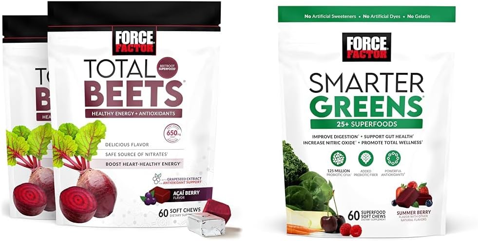 Force Factor Total Beets Soft Chews with Beetroot, Grapeseed Extract, Antioksis, Nitrates, L-Citrulline, 120 Kont, 2-Pack and Smarter Greens Superfood Chews with 25+ Superfoods, Probiyotiks, Antioksis, and Fiber, 60 Count