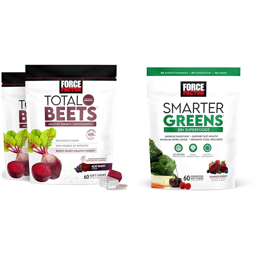 Force Factor Total Beets Soft Chews with Beetroot, Grapeseed Extract, Antioksis, Nitrates, L-Citrulline, 120 Kont, 2-Pack and Smarter Greens Superfood Chews with 25+ Superfoods, Probiyotiks, Antioksis, and Fiber, 60 Count