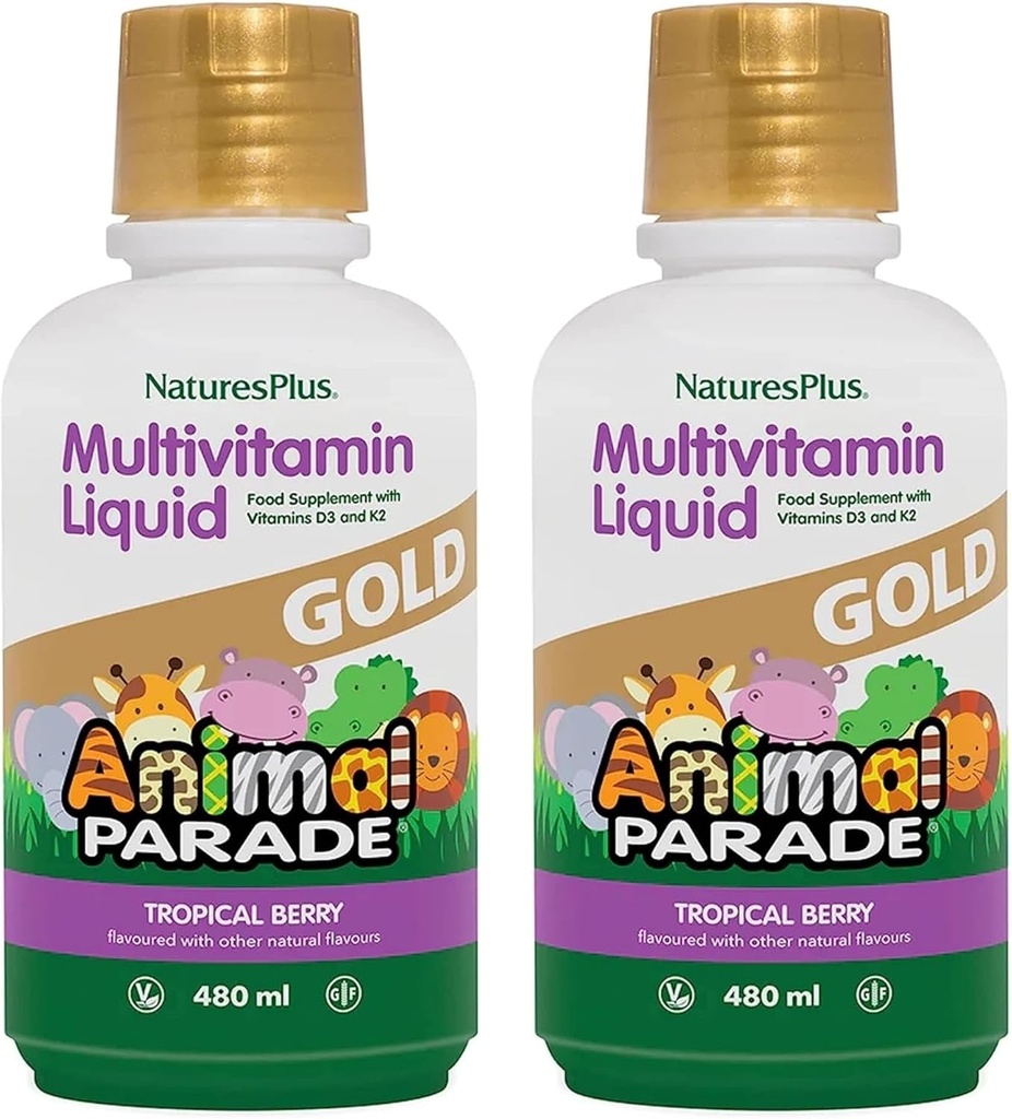 NaturesPlus Animal Parade Gold Children's Liquid Multivitamin - 16 fl oz, Pack of 2 - Natural Tropical Berry Flavor - Gluten Free, Vegan - 64 Total Servings