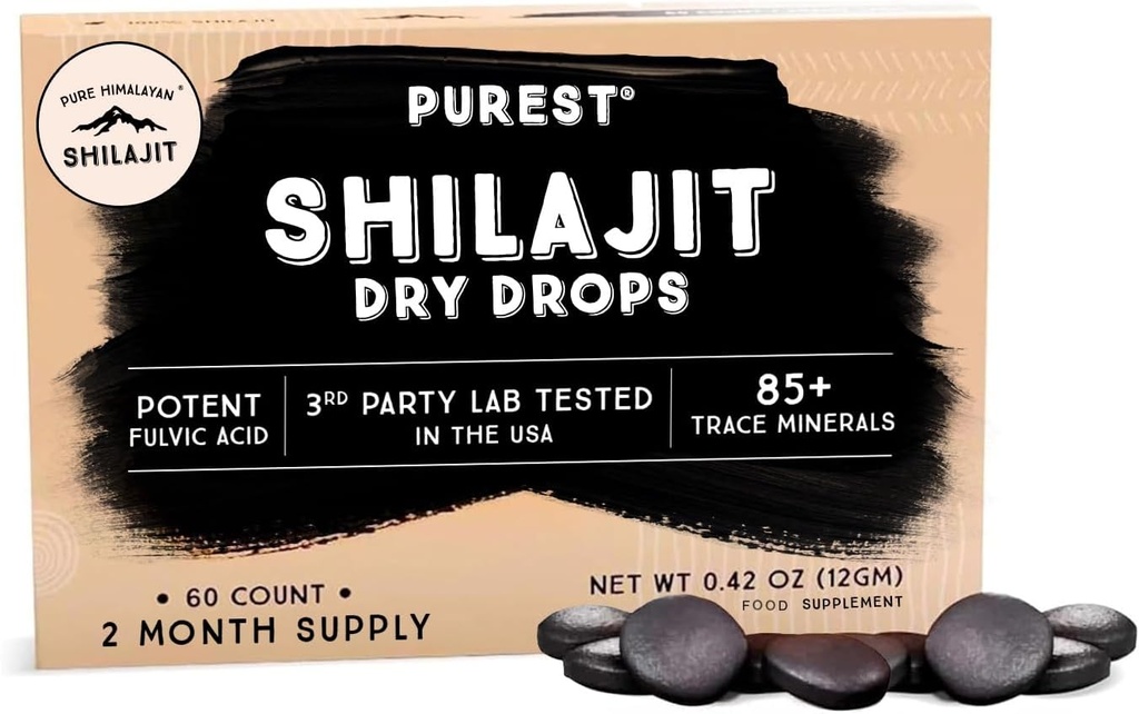Pure Himalaya Shilajit Kuru Drops, 100% Pure Natural Shilajit, Grade A, Max Potency 85+ Temiz Trace Minerals & Fulvic Acid for Energy, Metabolism & Immune Support Supplement for Men & Women (60 sekme)