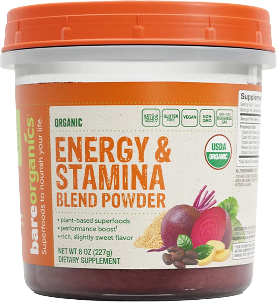 BareOrganics Energy & Stamina Blend Toz, Organik Superfood, Vegan Diyet Tamam, 8 Ounces