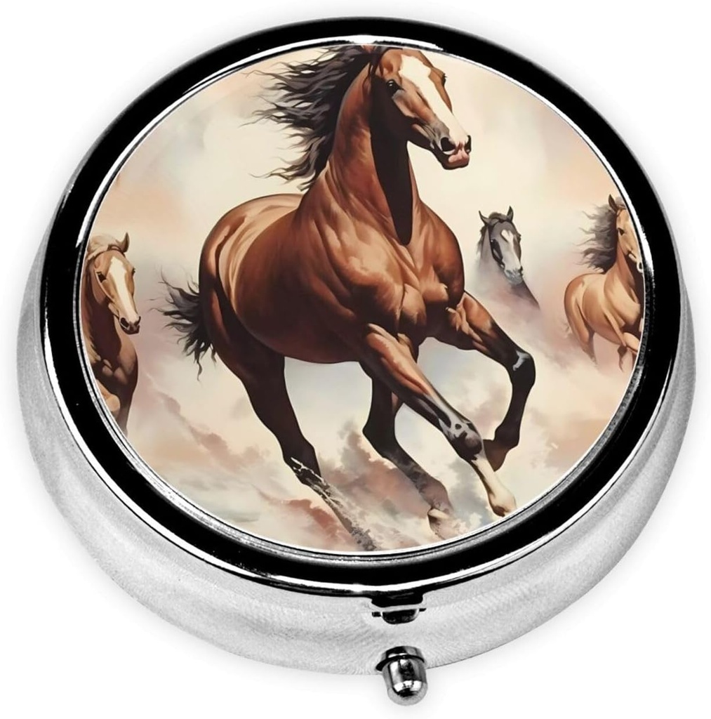 Pill Box, Purse & Pocket için Küçük Pill Vakası, Cute Medicine Organizer Seyahat Pillbox, Portreatif Pill Konteynerleri Vitaminler, İlaçlar, Fish Oil ve Supplements,Prancing Brown Horse