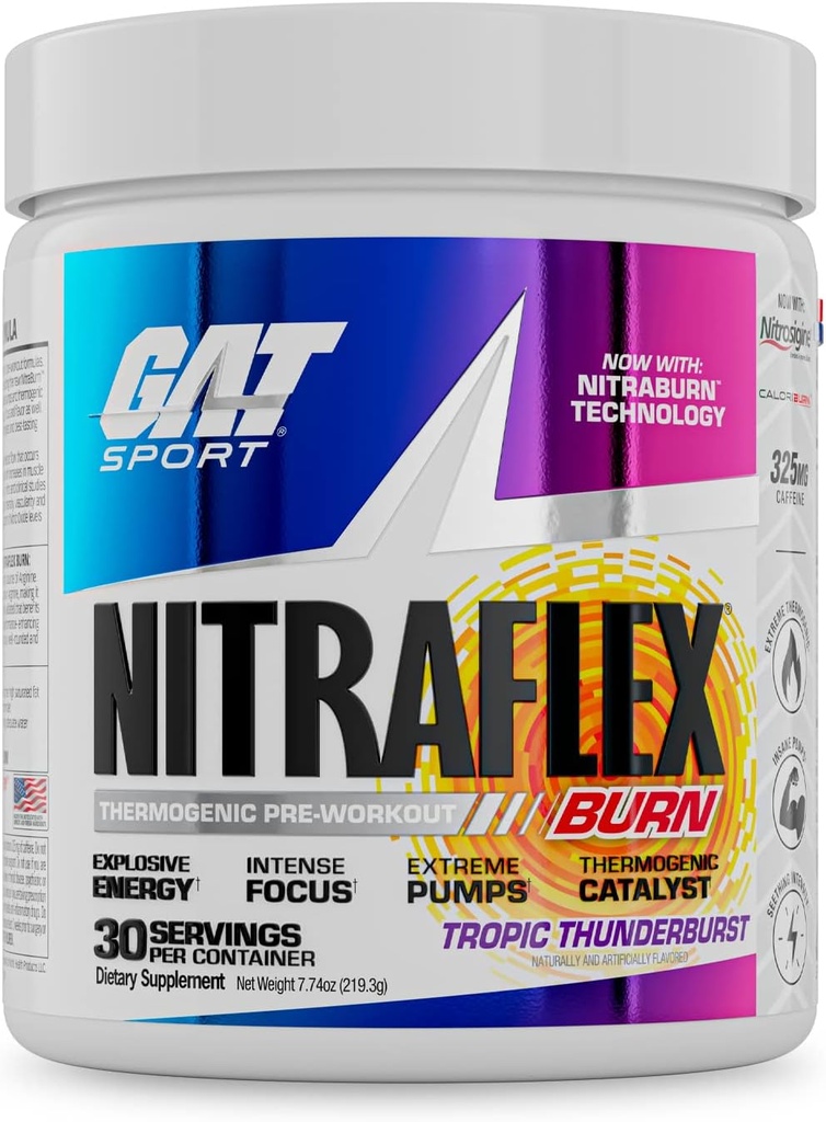 GAT SPORT NITRAFLEX Burn, Pre Workout Thermogenic Powder, Tropic Thunderburst, 30 Servings