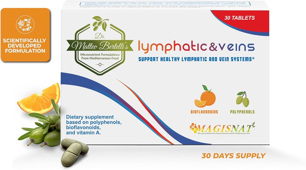 Dr. Matteo Bertelli'nin - Lymphatic &Veins 30 Tablet, Lymphatic Drage Diyetary Supplement with Hydroxytyrosol, Vitamin A, Hesperidin, Citrus Meyvesi, spermidine, Sağlıklı Venous ve Lyatic