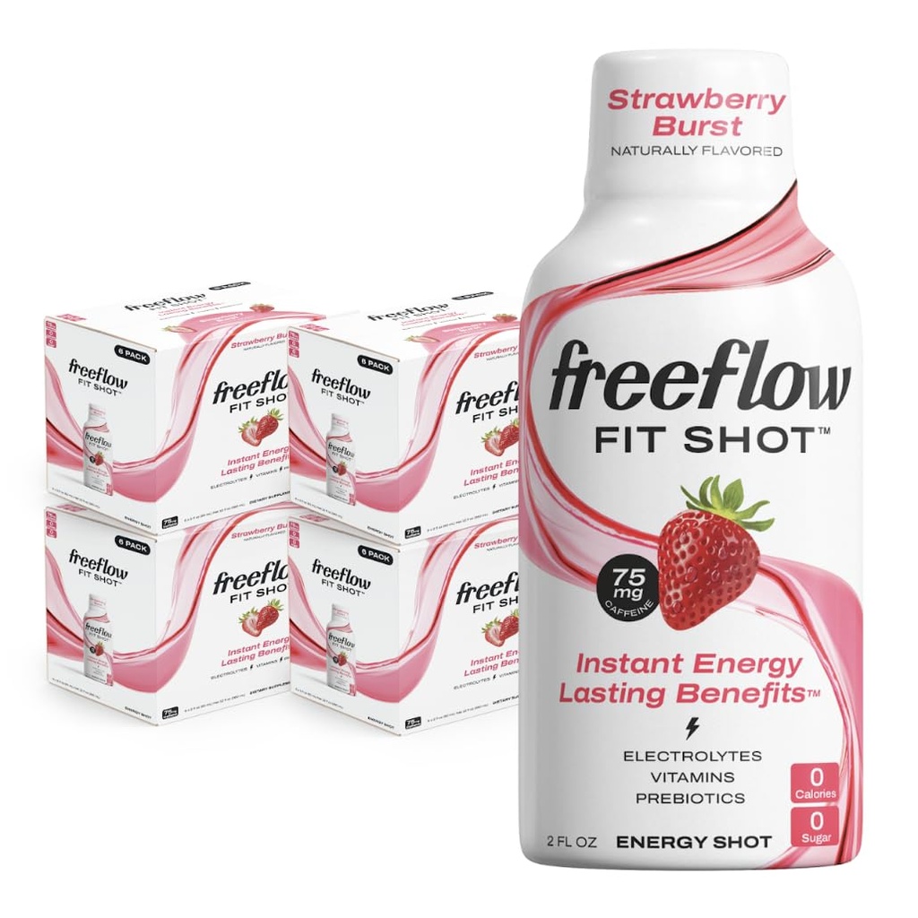 Freeflow Fit Energy Shots, Φράουλα Burst, Φυσική Caffeine Boost με L-θεανίνη, Ginseng, Βιταμίνες, Πρεβιοτικά, Ηλεκτρολύτες (24 Count, 2oz Shots)