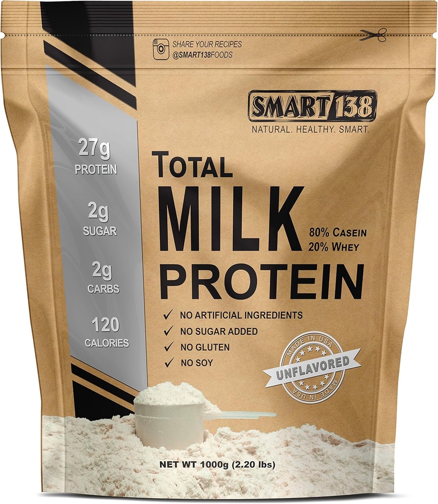 Smart138 Total Milk Protein -% 80 Casein% Whey - RBST/rBGH Hormonları Ücretsiz, Gluten-Free, Soy-Free, Non-GMO, USA, Keto Low Carb, Natural BCAAs (1000g / 2.2lbs, Unflavored)
