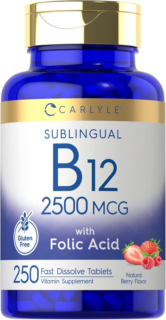 Carlyle Vitamin B12 Sublingual 2500 mcg | 250 Hızlı Dissolve Tabletler | Cyanocobalamin Supplement with Folic Acid for Yetişkinler | Natural Berry Flavor | Vegetarian, Non-GMO, and Gluten Free
