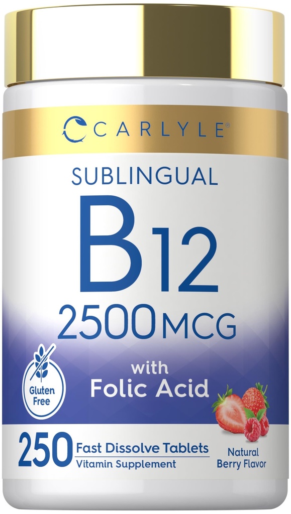 Carlyle Vitamin B12 Sublingual 2500 mcg | 250 Hızlı Dissolve Tabletler | Cyanocobalamin Supplement with Folic Acid for Yetişkinler | Natural Berry Flavor | Vegetarian, Non-GMO, and Gluten Free