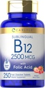 Carlyle Vitamin B12 Sublingual 2500 mcg | 250 Hızlı Dissolve Tabletler | Cyanocobalamin Supplement with Folic Acid for Yetişkinler | Natural Berry Flavor | Vegetarian, Non-GMO, and Gluten Free