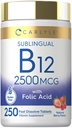 Carlyle Vitamin B12 Sublingual 2500 mcg | 250 Hızlı Dissolve Tabletler | Cyanocobalamin Supplement with Folic Acid for Yetişkinler | Natural Berry Flavor | Vegetarian, Non-GMO, and Gluten Free