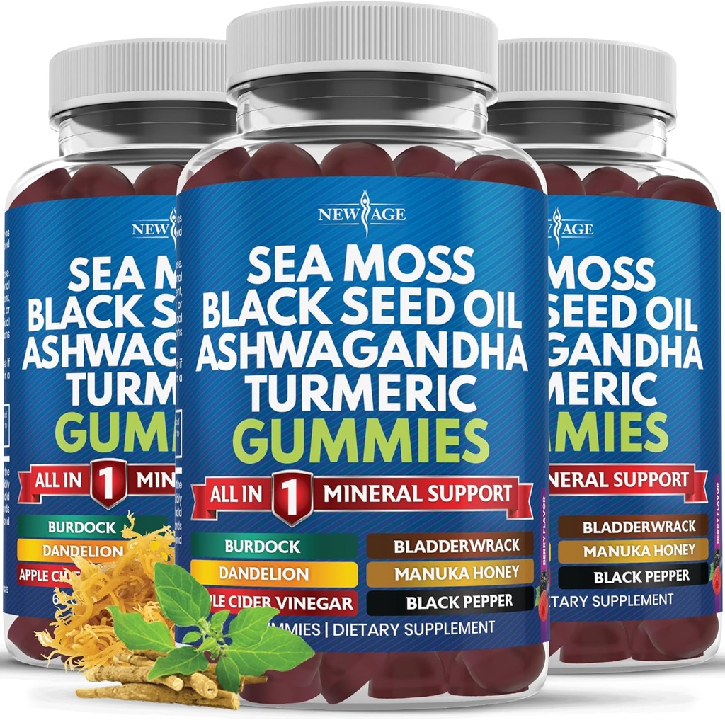 Sea Moss Gummies, Sea Moss, Black Seed, Ashwagandha, Turmeric, Manuka Honey, ACV, Dandelion, Black Pepper, Burdock, Bladderwrack, Vegan- 180 Count