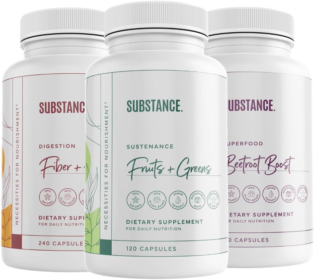 SUBSTANCE. 3-Pack General Wellness Sche: Nature's Sustenance Daily Fruits & Veggies (120 Caps) + Fiber & (240 Caps) + Beetroot Boost (180 Caps) - ABD Made, Vegan-Friendly