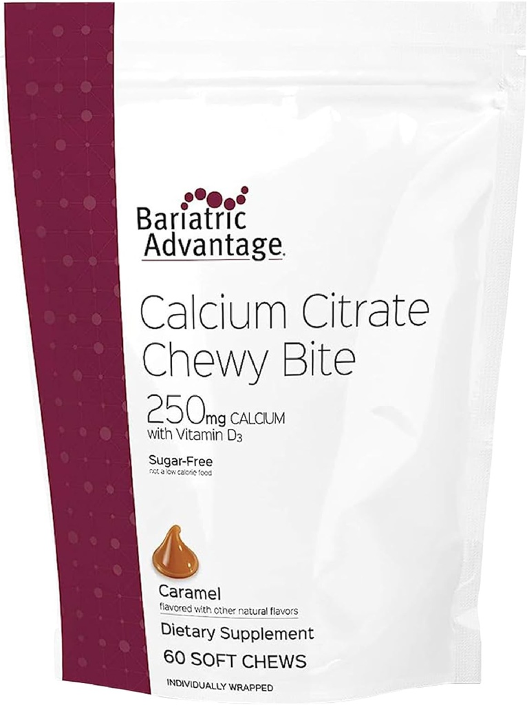 Bariatrik Avantajı Kalsiyum Citrate Chewy Bites 250 mg - Bariatrik Cerrahi Hastaları için - D3 - Sugar-Free Chewabledis Supplement - Bariatrikba Chews - Caramel Flavor - 60 Count