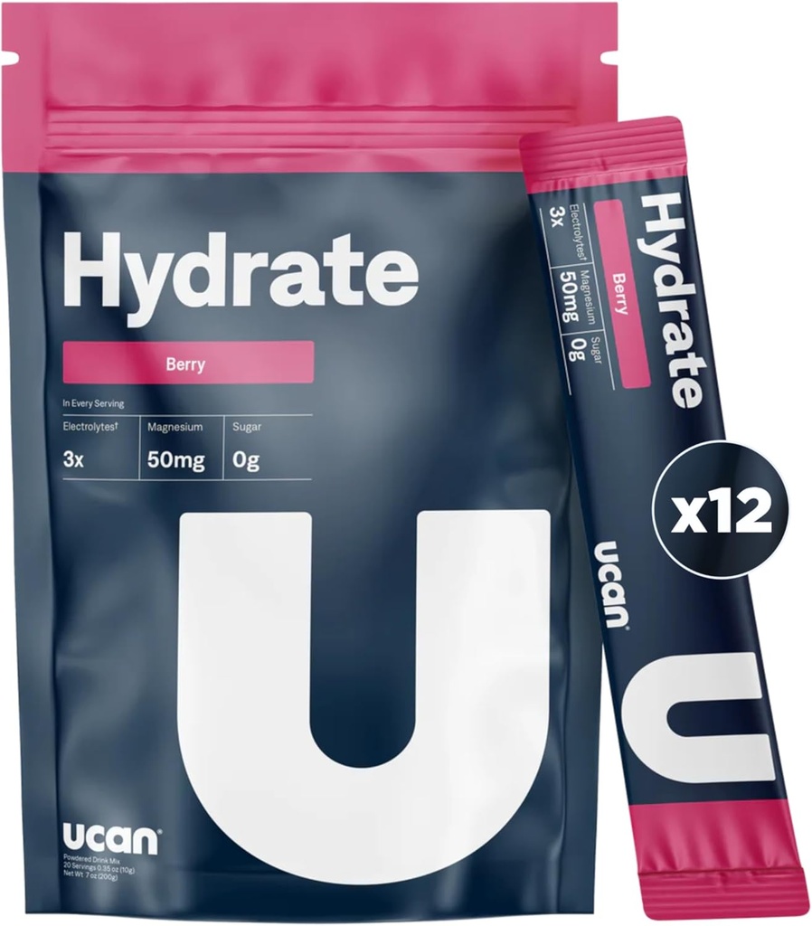 UCAN Hydrate Electrolyte Drink Mix (Berry, 12 Stickpacks) Ζάχαρη-δωρεάν, Keto-Friendly, Vegan, μη-GMO, Gluten-free Ηλεκτρολύτης σκόνη με Κάλιο & Μαγνήσιο για Δρομείς & Αθλητές