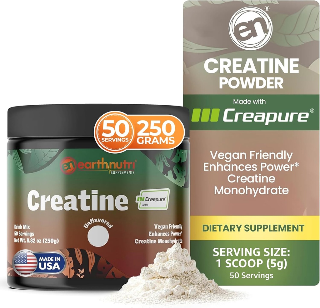 EarthNutri Creatine Monohydrate Powder - Pure Creatine Supplement for Muscle Strength, Strength & Performance – Μη ΓΤΟ, Χωρίς ζάχαρη, Πρόσθετη-Δωρεάν – για άνδρες & γυναίκες, Χωρίς γεύση 250g
