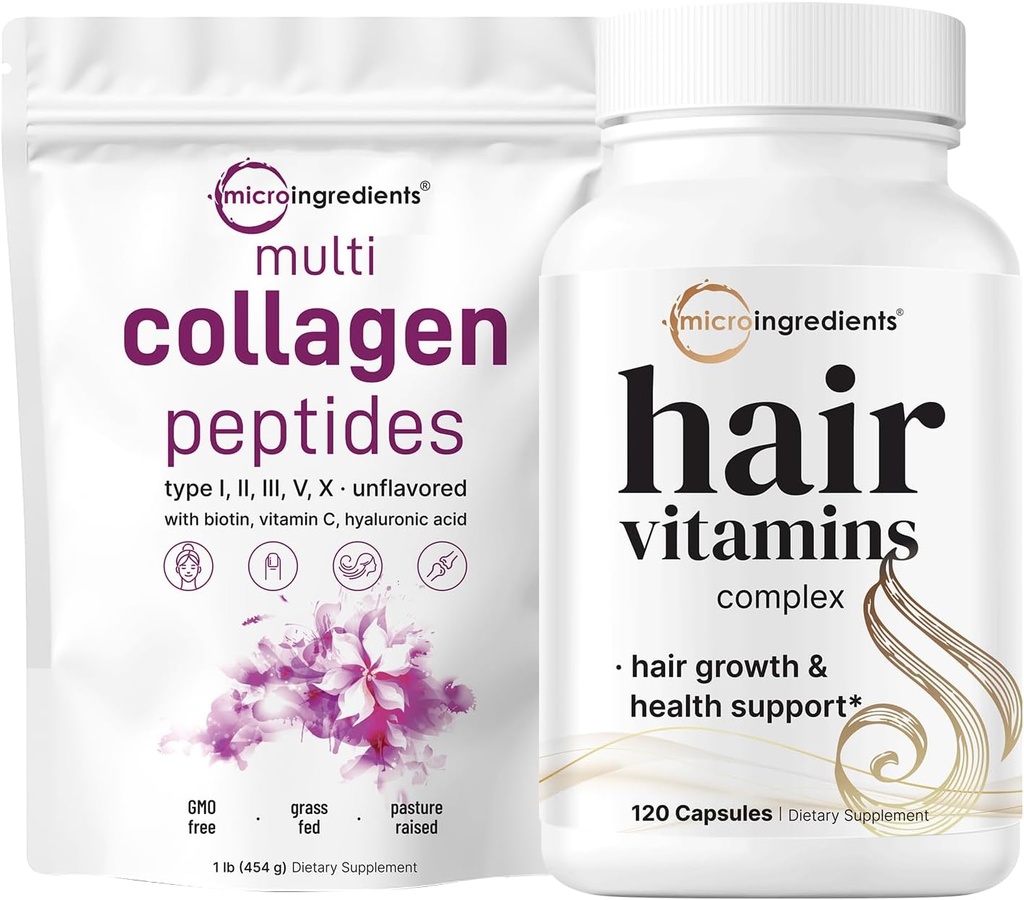 Mikro Malzemeler Multi Collagen Protein Toz 16oz & Saç Vitaminleri Komplek Kapsülleri Paket 2 Paket | Grass-Fed Collagen Peptides | 14-in-1 Gelişmiş Saç Büyüme Desteği