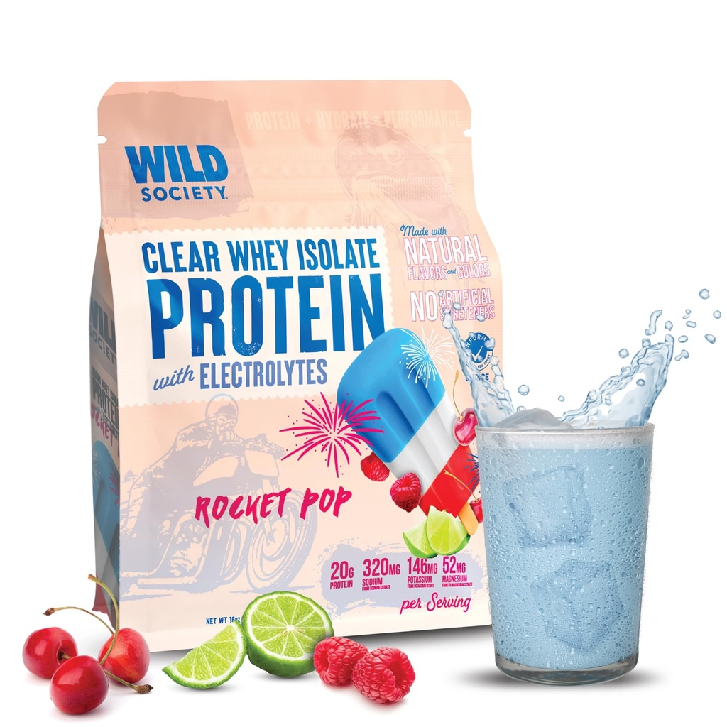 WILD SOCIETY - Clear Whey proteini + Elytes - Whey proteini Isolate Toz - 20g Protein, 0 Eklenmiş Şeker, GMO-Free, Natural Flavors & Colors - Rocket Pop, 16 oz