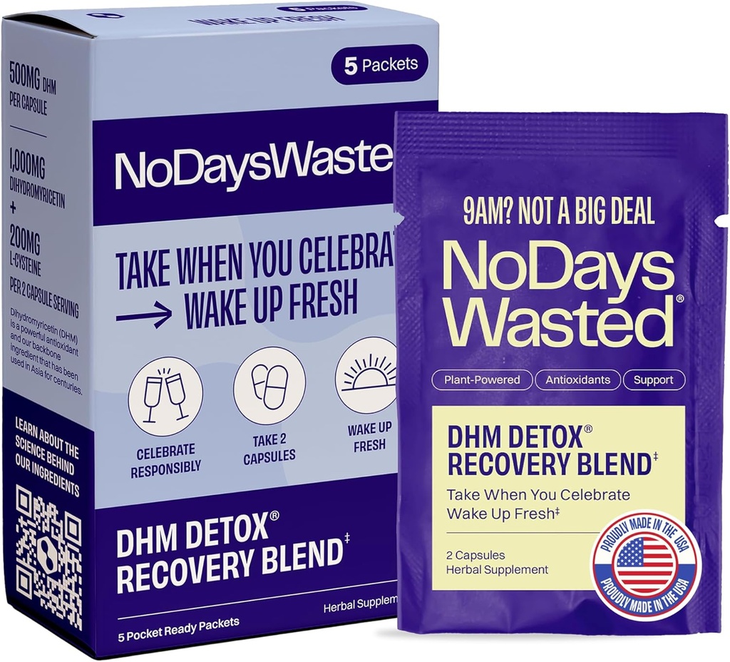 DHM Detox® - No Days Wasted® - Yeni Bak - Dihidriketin Supplement, Süt Butle, Prickly Pear, B Vitaminleri, Hydration Electrolytes Blend- Take during Evening for Better Next Day and Recovery