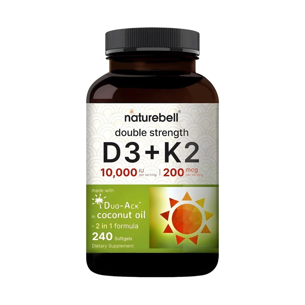 NatureBell Βιταμίνη Διπλή δύναμη D3 + K2-240 Softgels - 10.000 IU Βιταμίνη D & 200mcg K2 - Δύναμη των οστών, Ανοσοποιητική λειτουργία και υποστήριξη απορρόφησης ασβεστίου* - Λάδι καρύδας