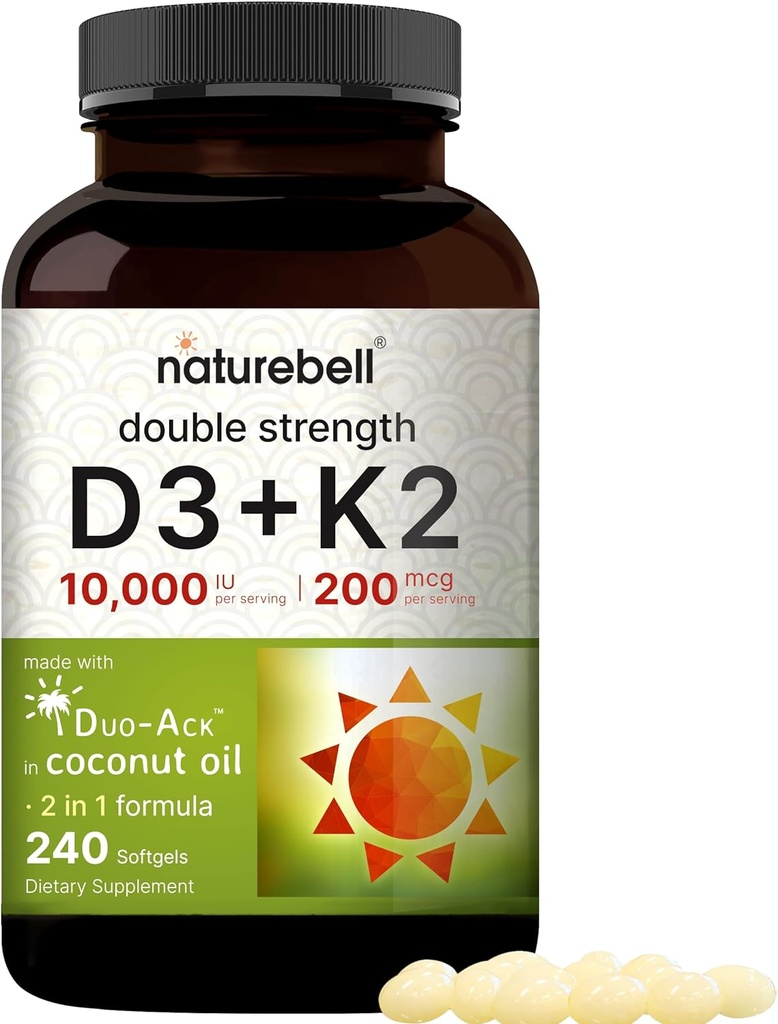 NatureBell Vitamin D3 10.000 IU + K2 200 mcg, 240 Softgels | Daily High Potency Formula with Coconut Oil | Bone, Heart & Immune Support | MK-7 Form | Non-GMO